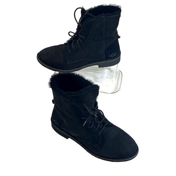 UGG Womens Black Suede Combat Boots Shearling Cuff Size 10 Quincy - Picture 1 of 15
